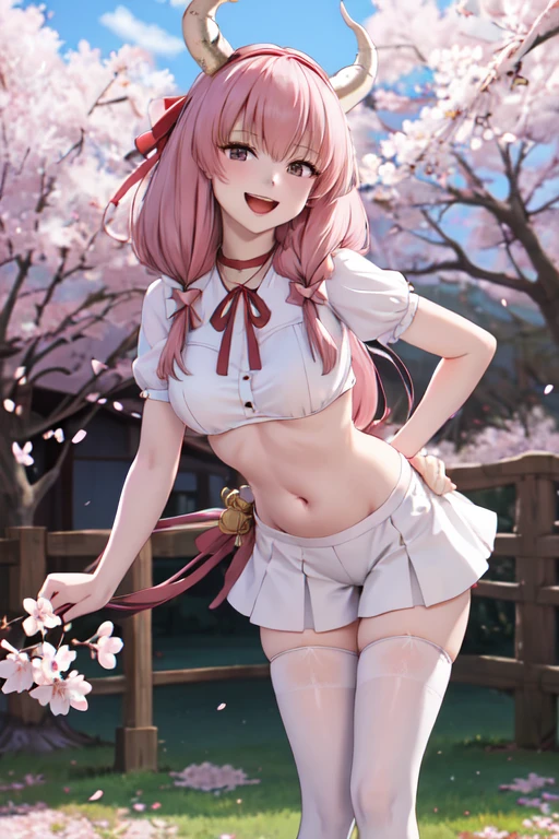 masterpiece, best quality, highres, hairband, long hair, 1girl, solo, white thighhighs,red ribbon, neck ribbon, white shirt,hot pants, medium breasts, standing, cowboy shot, smile, open mouth, leaning forward, outdoors, cherry blossoms,Belly button、Two horns、Aura