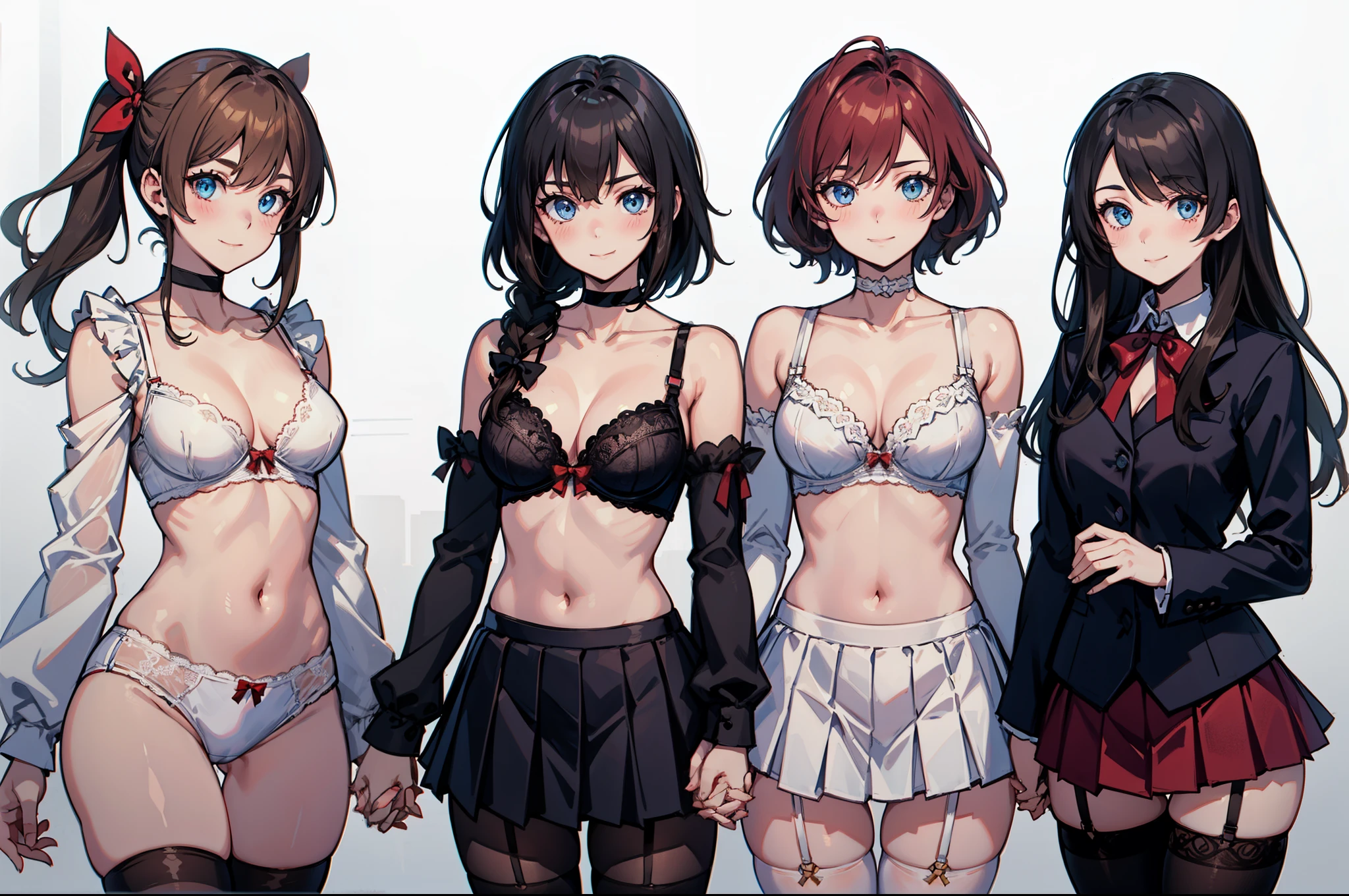 holding_hands, bra, underwear, interlocked_fingers, skirt, own_hands_together, breasts, navel, detached_sleeves, rating:safe, blue_eyes, smile, multiple_girls, cleavage, hands_together, white_bra, pleated_skirt, looking_at_viewer, thighhighs, black_bra, bow, blush, bare_shoulders, medium_breasts, hands_clasped, black_legwear, collarbone, standing, panties, long_sleeves, garter_straps, short_hair, hair_bow, miniskirt, closed_mouth, (3girls), stomach, white_skirt, black_panties, thigh_gap, brown_hair, long_hair, ribbon, large_breasts, black_hair, frills, multiple_views, midriff, cowboy_shot, red_bow, braid, eyebrows_visible_through_hair, bangs, red_ribbon, school_uniform, toned, v_arms, red_bra, choker, lingerie, white_background, small_breasts, neck_ribbon, arms_behind_back