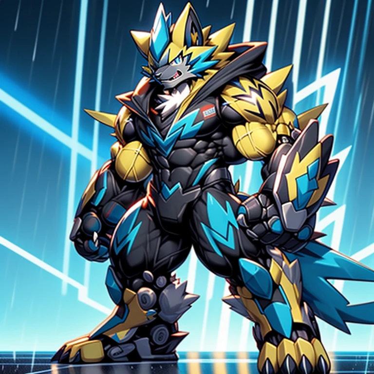 (masterpiece, best quality, detailed:1.2)
(Pokémon)
detailed full body,
Zeraora's giant robot.
Gigantic ZERAORA,

Protecting Zeraora's design and color scheme. 
Robotic suit, 
the whole body is covered in armor, 

whole body shines like metal.
Wearing cyberpunk mecha, emphasizes the muscles.
He wears the same armor as himself from head to foot. (emphasizes the muscles.)
suit fully made of metal,
intricate armor, Robotic suit, suit fully made of metal, cyborg,

big muscle.
pecs, triceps,
body full of huge muscles.
unusually developed muscular body,
A Zeraora at the bodybuilding competition,
massive,
huge muscular bodybuilder with extraordinary biceps, pecs, triceps, traps, gigachad, 300 lbs.

The claws are sharp, Sharp teeth,
with huge golden laser sword,

thunderstorm,
rainy weather,
lightning,
The cloak is so long that it touches the ground,
wears a black cloak on his back.