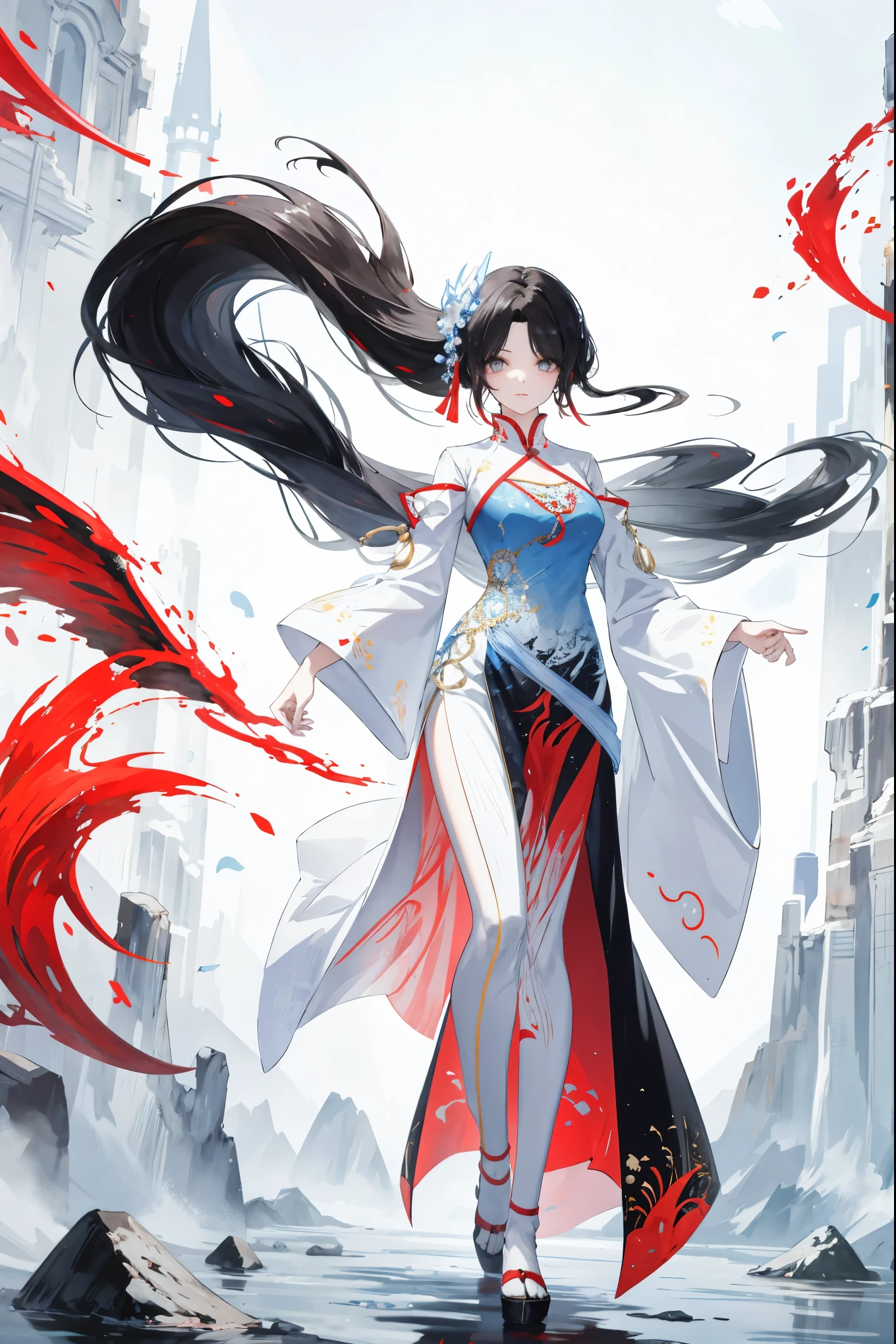 National Trends，complex background，Full body portrait，((dynamic action，floating，Asymmetric))，（The anthropomorphization of Chinese mythical beasts，beautiful girl，穿Bright colors的衣服），Full body standing，Wide sleeves，Big watery eyes，Beautiful face and smooth fair skin，Delicate face，Black long hair，Chinese Beauty，Wearing Chinese clothing，gossamer，Colorful，Bright colors，Vibrant digital illustrations，（Clean background），Ink painting style，Clean colors，Decisive cuts，A blank，masterpiece， Ultra-delicate，Epic Works，high quality，最high quality，4K