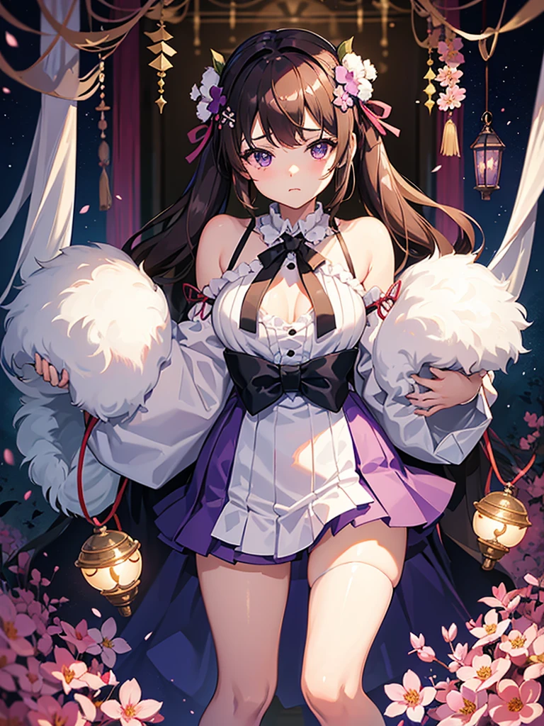 A baby-faced girl in her late teens、Purple eyes、Brown hair tied in twin tails with floral ribbons、C cup breasts、The white mini shrine maiden costume was sleeveless and clung tightly to the skin., In a mini skirt that shows your shoulders, Underarm, And side .、Black Stockings、Brown High Boots、