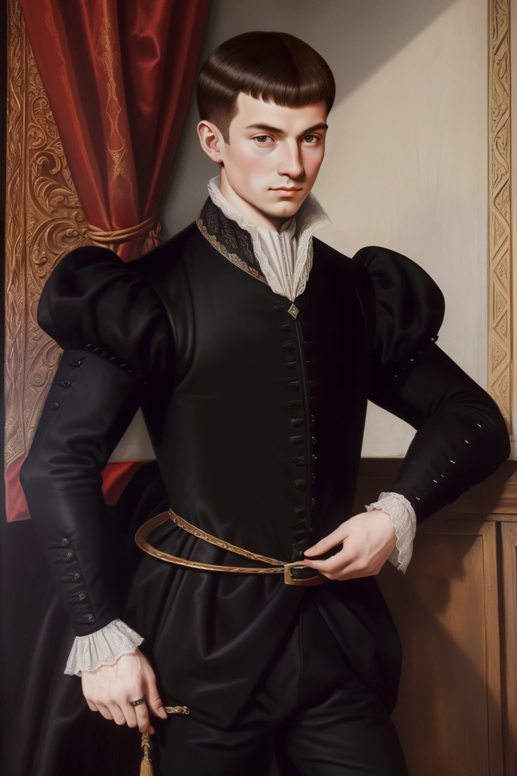 Paris, 1558. A young ((((20-year-old)) Pierre Aumande)), ambitious, evil, cruel, distinguished appearance, strong pressence, in a game salon, ((alarmed expression)), ((((clothings from the 1550s)))), ((dark hairstyle of the 1550s)), colorful
