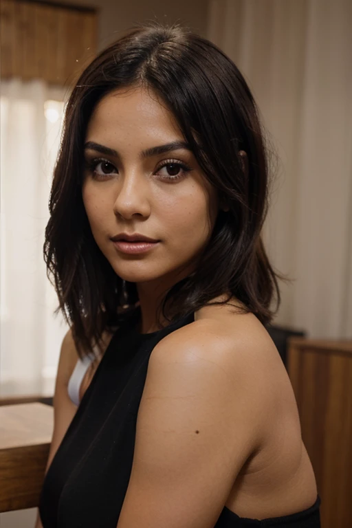 mujer de cabello corto morena fuerte seducctora en lenceria negra