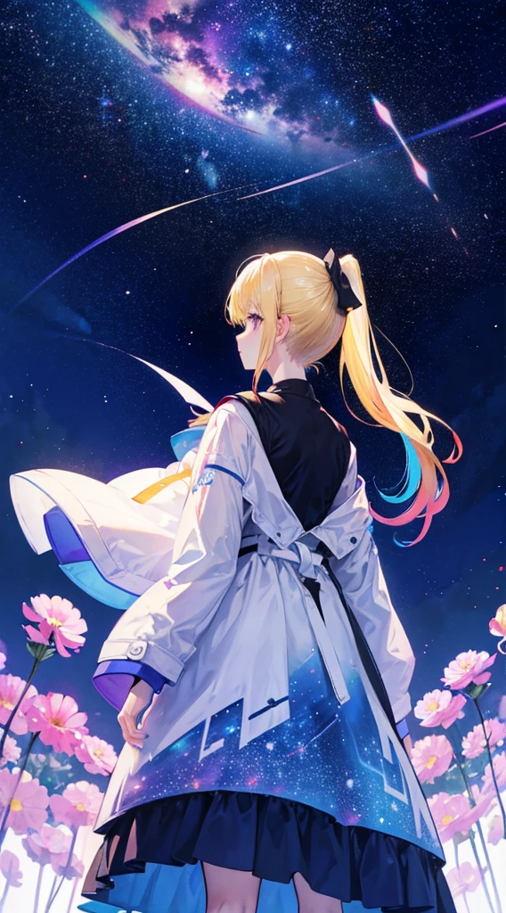 １people々々々,Blonde ponytail woman，Long coat， Dress Silhouette， Rear View，Space Sky, Cosmos Flower Garden，Multicolored cosmos