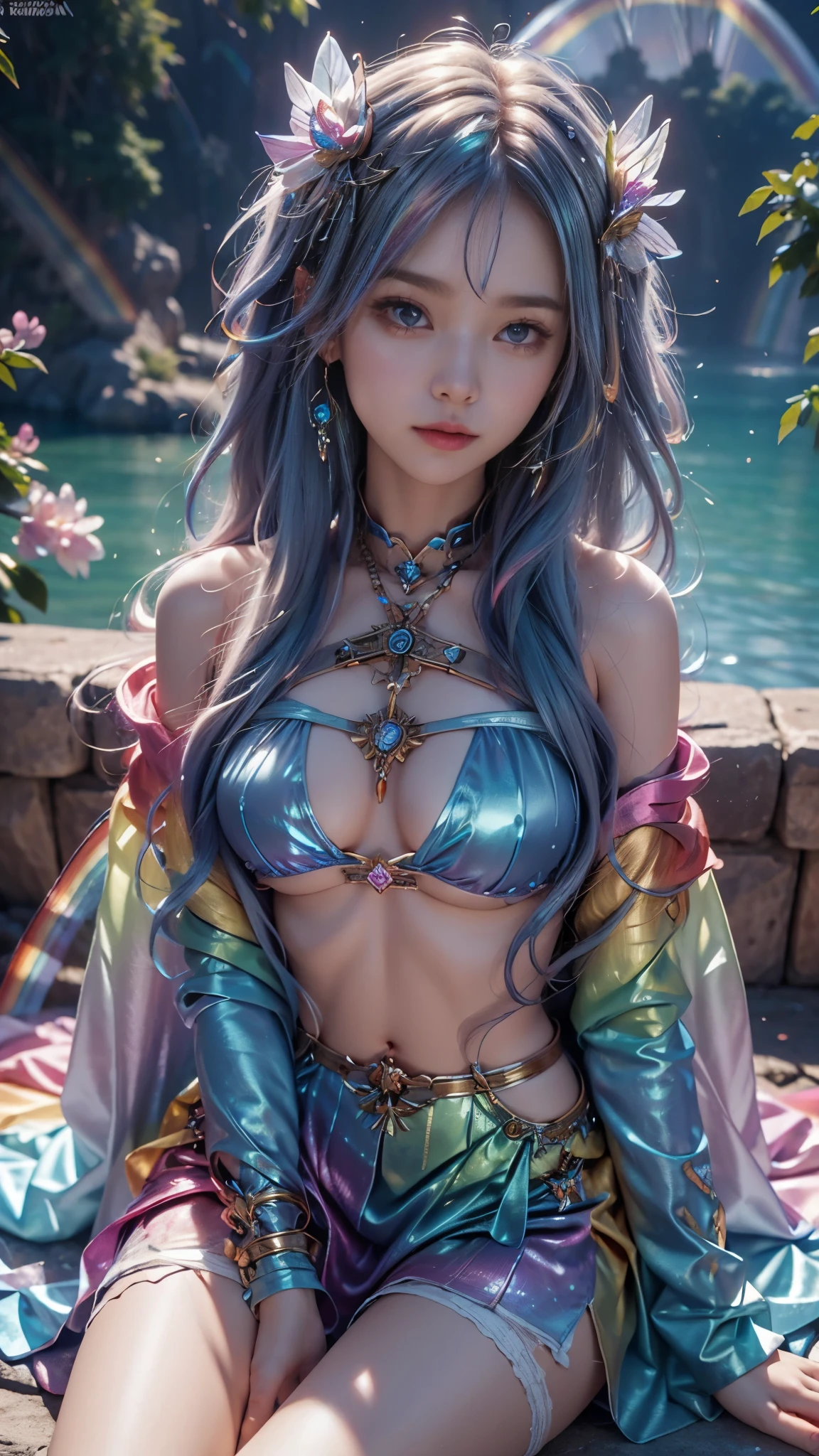 8K, ultra hd, masterpiece, hd colors, 1 girl, perfect face, very long curly hair, detailed eyes, Metallic clothing, ((rainbow clothing:1.5)), stocking, ((criss-cross lace)), long sardine, straps, Pendant, net clothing, loops, cape, bare waist, jwellery, ornaments, waterside, Realistic scenery, epic scenery, sun rising, evening, clouds, Butterfly, cherry blossom, flowing wind, front body pose, sitting,