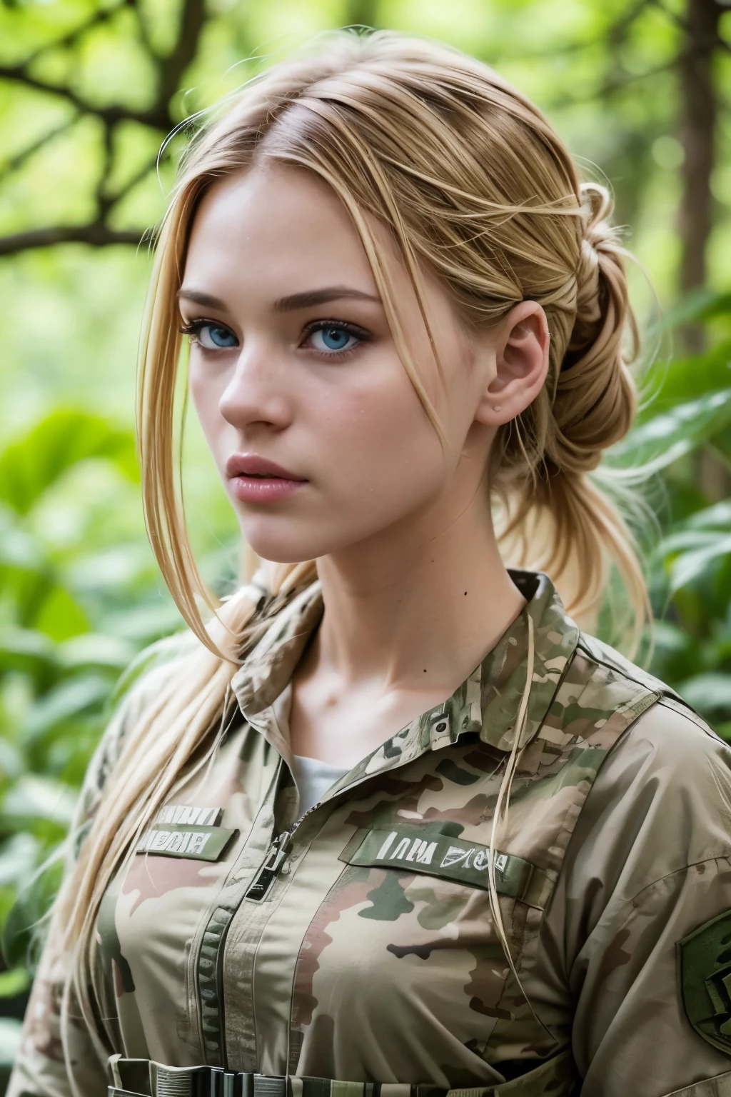 The image shows a young blonde with a beautiful, perfect face, tied-up hair and emo bangs falling over one eye, and vibrant blue eyes that highlight her perfect white skin. She has a thin nose, thin chin and her slender body is displayed in its entirety. The young woman is wearing a camouflage military outfit, indicating that she is on a mission or training in a dense forest. Her face and body are dirty, showing the effort and dedication to her task. She also wears camouflage makeup to blend in with her surroundings. Despite the dirt on her face and body, the young woman displays a confident and confident posture, ready to face the challenges of the hostile environment. She appears to be a skilled and competent soldier, trained to adapt and survive in demanding environments.