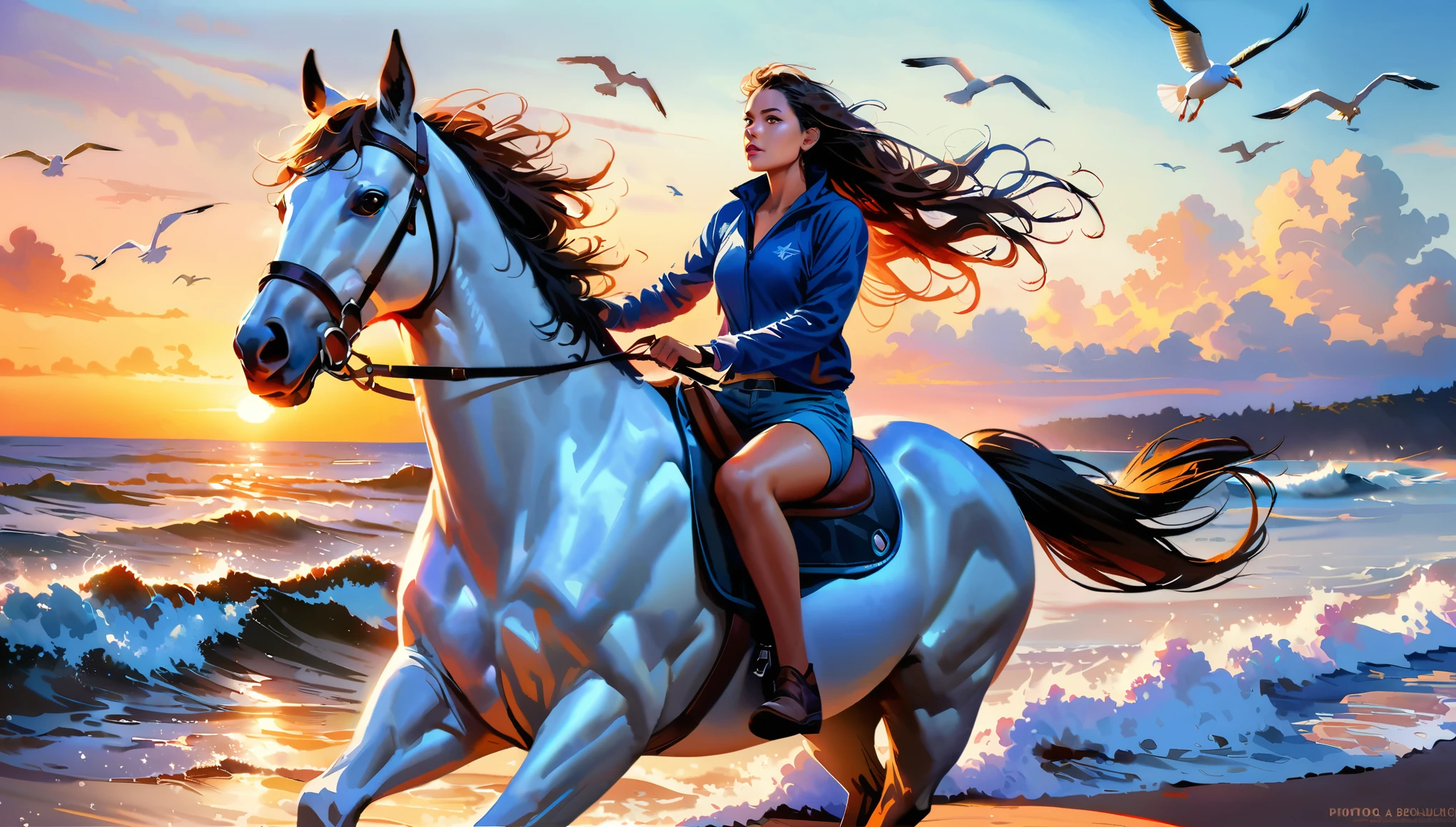 (best quality,4k,8k,highres,masterpiece:1.2),ultra-detailed,(realistic,photorealistic,photo-realistic:1.37),beautiful detailed eyes,beautiful detailed lips,extremely detailed eyes and face,long eyelashes,blue coast,on horse,riding on beach,blue color,sunlit waves,hazy ocean horizon,sandy shore,golden sunset, golde hour,rippling water,galloping horse,tangled hair,horseback riding,wind-swept mane,seagulls in the sky,crashing waves,sea breeze,peaceful solitude,serene atmosphere,vibrant blue hues,dynamic composition,emotionally captivating,warm sunlight,transcendent beauty,rider's determination,coastal adventure,harmony with nature,seaside escape,serenity on horseback,ethereal coastal charm,seaside exploration,joyful horse riding.