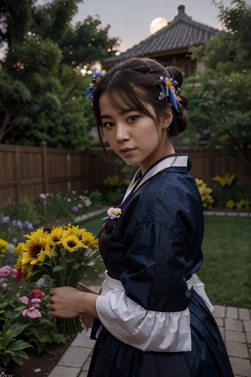 mejor calidad, alto_resolution, distinto_imagen, antecedentes detallados ,chica, hanbok,flor,garden,luna, noche,dutch angle, plano general, corona,