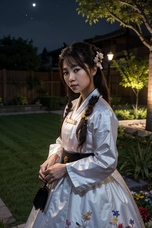 mejor calidad, alto_resolution, distinto_imagen, antecedentes detallados ,chica, hanbok,flor,garden,luna, noche,dutch angle, plano general, corona,