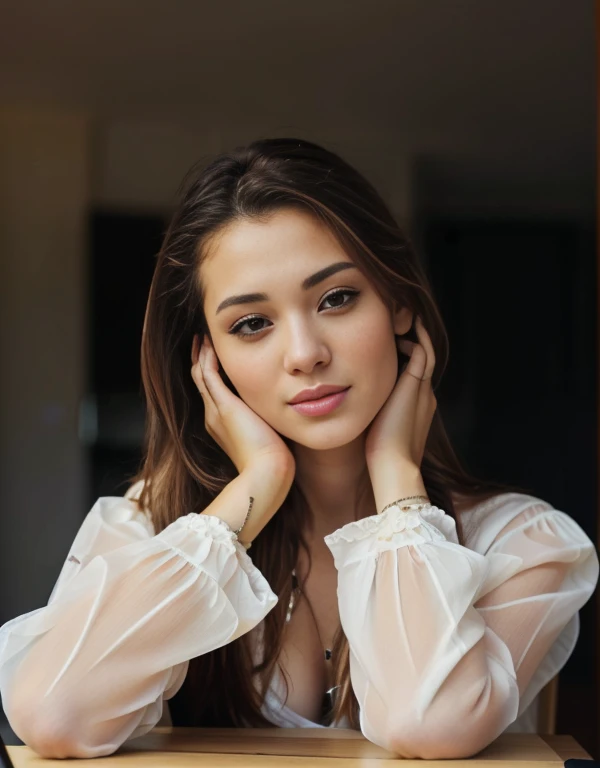 a woman sitting at the table，Place your hands on your face, Photo of a beautiful woman, Anastasia Ovchinnikova, Anna Nikonova aka Newmilki, Violet Myers, Olga Buzova, Julia Gorokhova, Attractive girl, Portrait of Sophie Mudd, Beautiful woman, Attractive woman, Victoria Gavrilenko, Dashataran, Angelina Stroganova