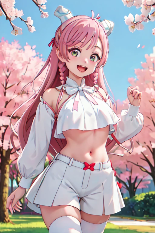 masterpiece, best quality, highres, hairband, long hair, 1girl, solo, white thighhighs,red ribbon, neck ribbon, white shirt,hot pants, medium breasts, standing, cowboy shot, smile, open mouth, leaning forward, outdoors, cherry blossoms,Belly button、Two horns、Aura