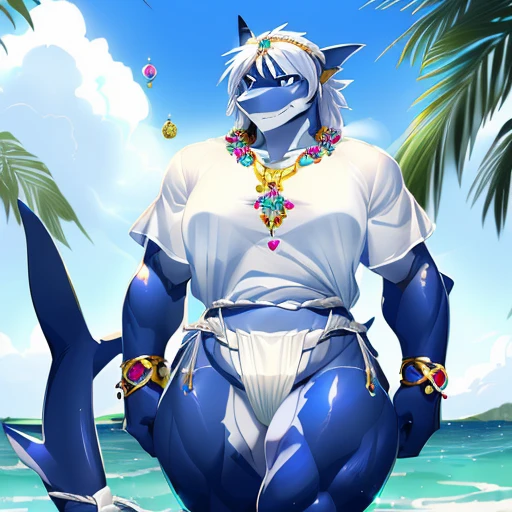 hi res,(((shark, finless shark))), (((not furry))), anthro, ((((((hair(head))))))), aqua blue eyes, ((((((( rokushaku fundoshi, ))))))), (((( female, anthro, female, Overweight)))), female, anthro, female, slim, Skinny, tail, adults, mature, (((SFW))), ((((((((solo)))))))), (((((((((((((female))))))))))))), ((((((sitting on the beach with legs open)))))), arms behind back, outside, plant, light blue body, sea, tree, (water), detailed background,by milkytiger1145,by takemoto arashi,by null-ghost, cold atmosphere, open smile, soft blue blush, single fin, ((((((((wearing white tshirts, clop tshirts)))))))), ((((((juicy thighs, thighs, thick thighs, thick calves, wide hips, wide pelvis, curvy figure, volu\ptu\ous figure, both feet are close together., \hourglass \figure,, female body)))))), front view
