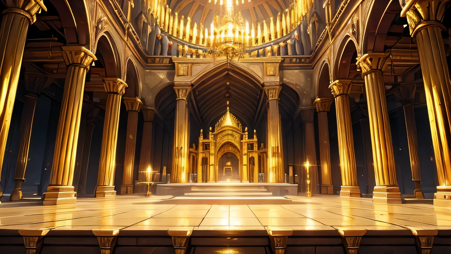 Huge medieval temple made of gold bars　shine　Light is reflecting　dazzling