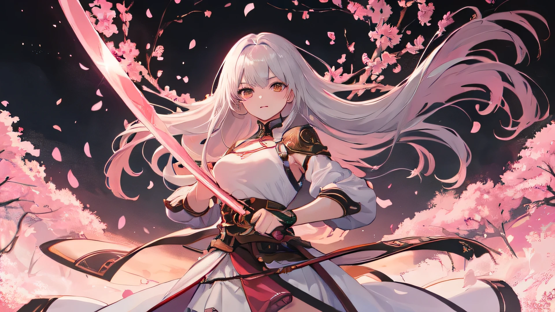 22-year-old female, Pink long hair, Brown eyes, Thin, Large target  , swordsman, Western-style silver-white lightweight clothing, Pink Sword, scabbard, Make it like tarot anime style but without the frame, Eyes very firm, pink energy, Cherry blossom petals, Pink leaves unfold