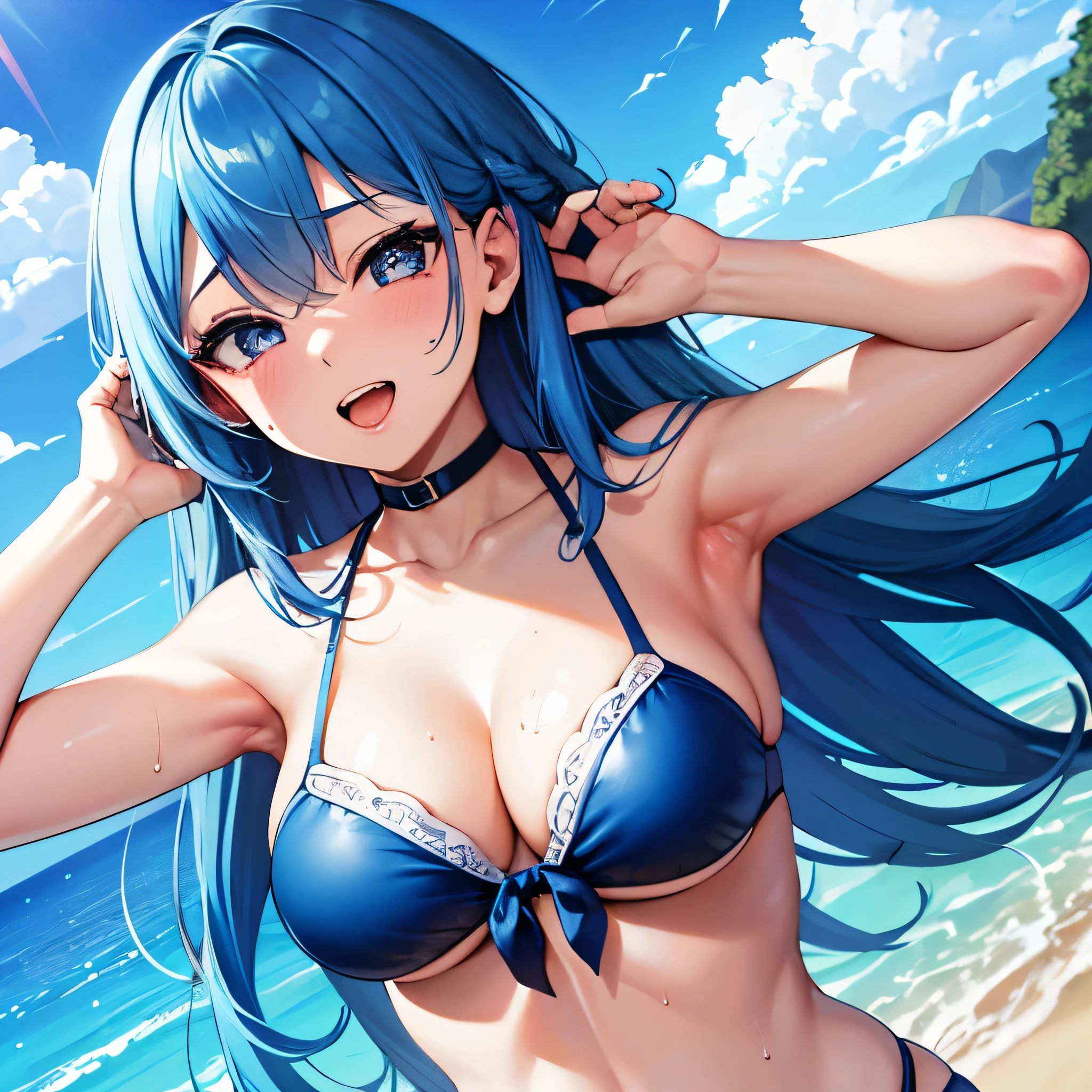 highest quality,32k,Raw photo,Armpit sweat, Ahegao,Blue hair long、bikini、Blue landscape