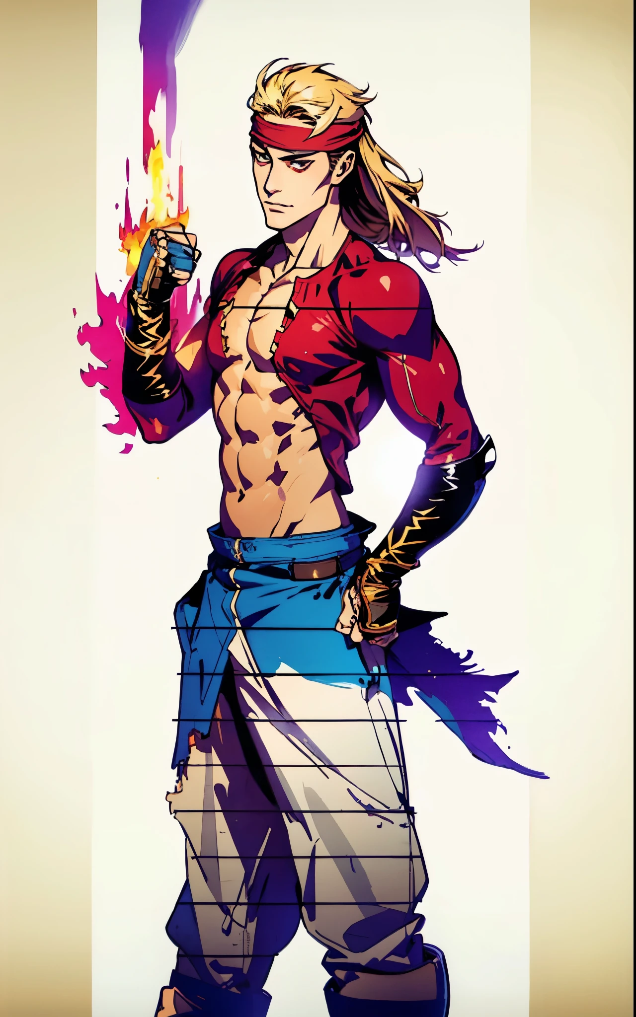 A young man with thick chestnut-brown long hair, a red headband adorned his forehead, devoid of eyebrows, triangular eyes, a square face, proud expression, robust and muscular physique, a fantasy-style tight-fitting open-chest vest, gloves, a ragged cloth tied around his waist, white utility trousers, his raised right fist surrounded by crimson flames, stands amidst boundless wilderness, this character embodies a finely crafted fantasy-style rogue in anime style, exquisite and mature manga art style, high definition, best quality, highres, ultra-detailed, ultra-fine painting, extremely delicate, professional, perfect body proportions, golden ratio, anatomically correct, symmetrical face, extremely detailed eyes and face, high quality eyes, creativity, RAW photo, UHD, 32k, Natural light, cinematic lighting, masterpiece-anatomy-perfect, masterpiece:1.5