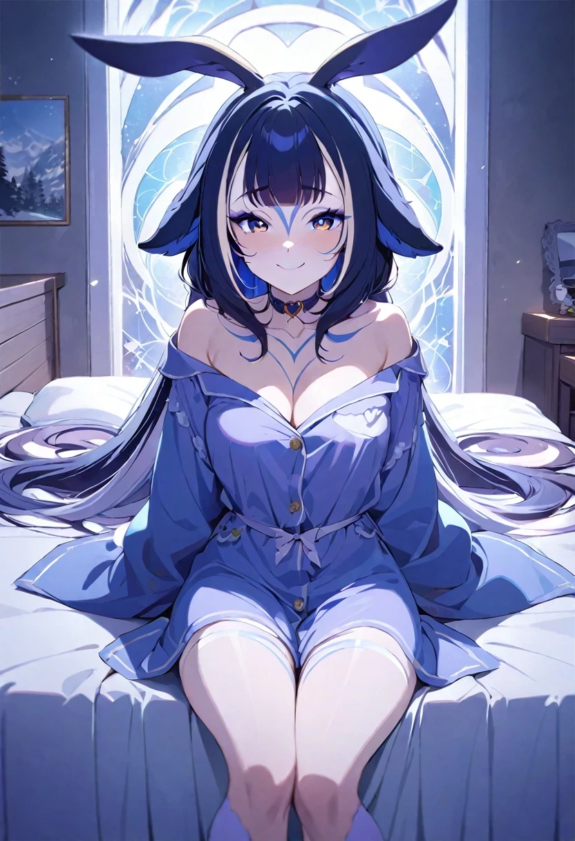 (shylily/(Twich/):1.5),(masterpiece:1.2),(best quality:1.2),, (1girl:1.3),1 girl, heart shaped eyes,rabbit ears, {night、Night's bedroom、dark、electricity、bed、pajamas}, (smile) , mole under eye, heart shaped choker, (masterpiece, highest quality), very detailed, highest quality, official art, beautiful and aesthetic: 1.2), (1 girl), very detailed, (geometry art: 1.3), colorful, most detailed