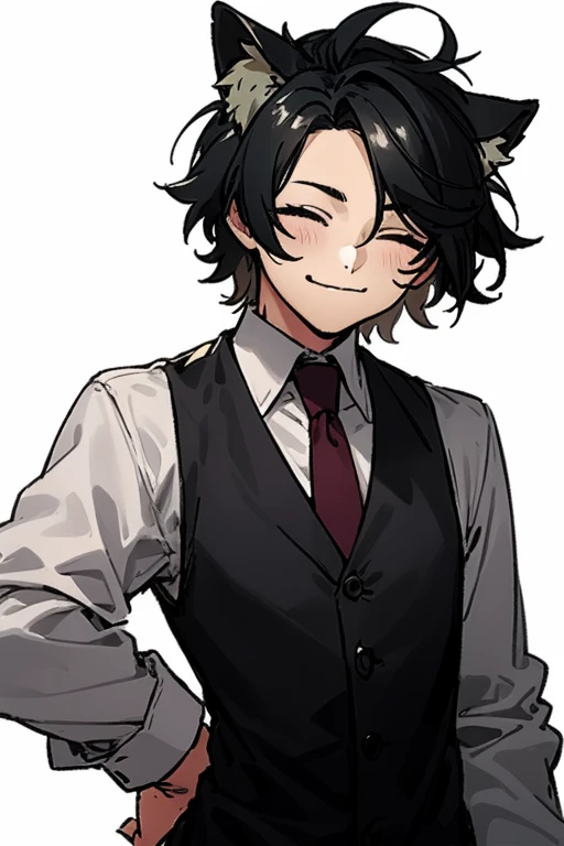 Solo, 1boy, Anime-style, Cowboy Shot, White background, no background, Male Focus, matured male, Middle-aged man, Black hair, (Short hair), (side parted bangs), hair messy, spiked hair, Animal ears, (dog ears), (animal ear fluff), (((closed eyes smile))), (^^), Closed mouth, hand on own hip, Long sleeves, (Burgundy necktie), (Bartender's vest), (Black dress shirt), tall, Toned