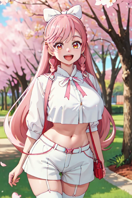 masterpiece, best quality, highres, hairband, long hair, 1girl, solo, white thighhighs,red ribbon, neck ribbon, white shirt,hot pants, big breasts, standing, cowboy shot, smile, open mouth, leaning forward, outdoors, cherry blossoms,Belly button