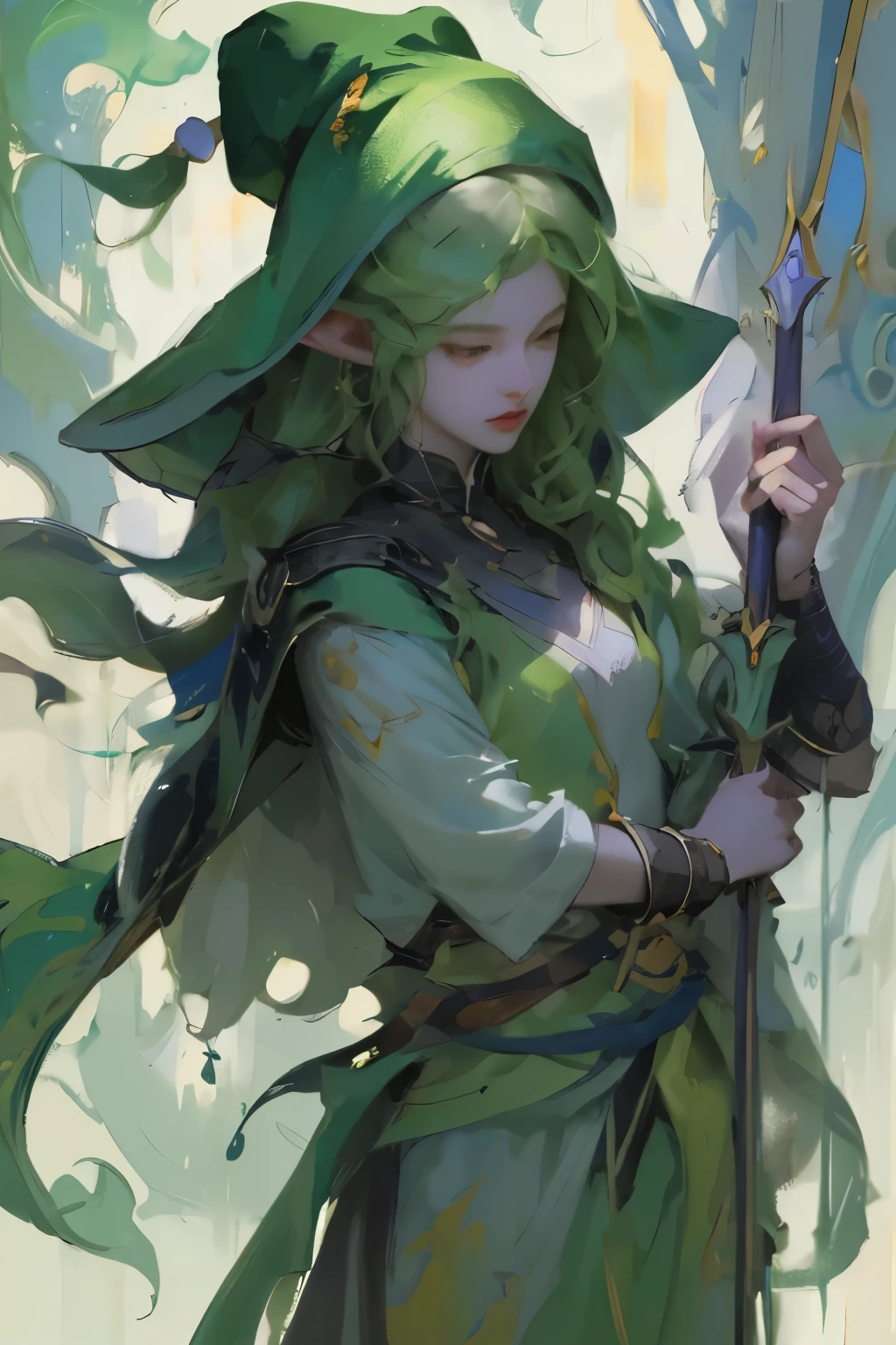 masterpiece, Green hair standing in the room、Girl with green hat, Ink Art, Style Art, Elf Girl, murata and artgerm series, very warm, Weiwei, Art style, League of Legends style, Ruan Jia and Artgerm, Art Jem Style, ! dream art
