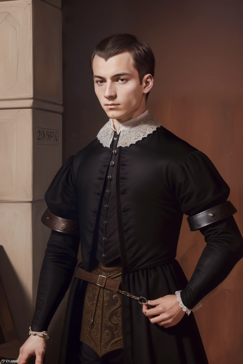 Paris, 1558. A young ((((20-year-old)) Pierre Aumande)), ambitious, evil, cruel, distinguished appearance, strong pressence, in a dungeon prison cell, ((alarmed expression)), ((((clothings from the 1550s)))), ((dark hairstyle of the 1550s)), colorful