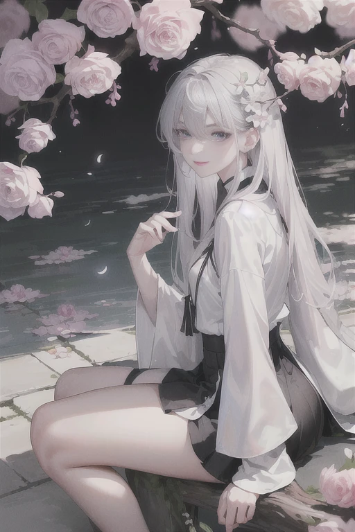 masterpiece, Excellent, daytime, outdoor, fallen flowers, branch, Chinese style, China, 1 girl, Perfect Woman, woman with long silver hair, grey-blue eyes, light pink lips, cold, Serious, boom, purple eyes, White clothes, black clothing series, delicate face, delicate face, Sitting Legs, Smile,short skirt,Nice butt,beautiful butt
