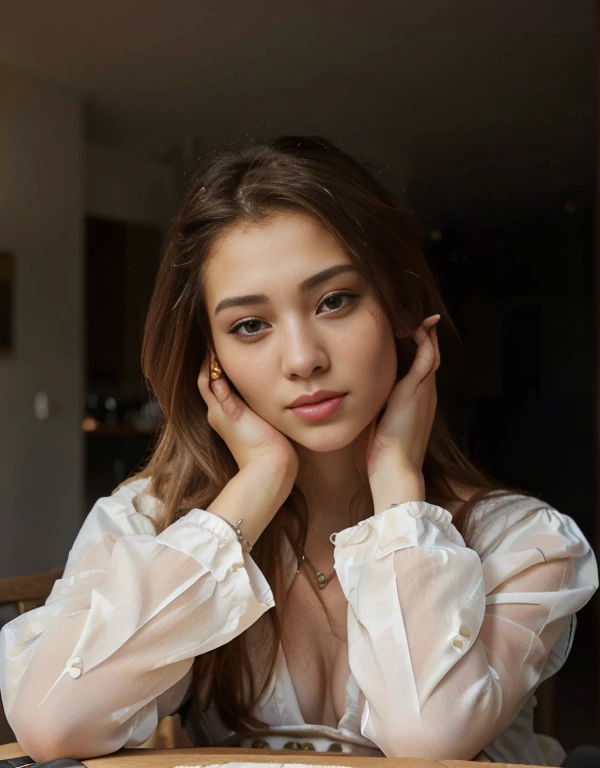 a woman sitting at the table，Place your hands on your face, Photo of a beautiful woman, Anastasia Ovchinnikova, Anna Nikonova aka Newmilki, Violet Myers, Olga Buzova, Julia Gorokhova, Attractive girl, Portrait of Sophie Mudd, Beautiful woman, Attractive woman, Victoria Gavrilenko, Dashataran, Angelina Stroganova