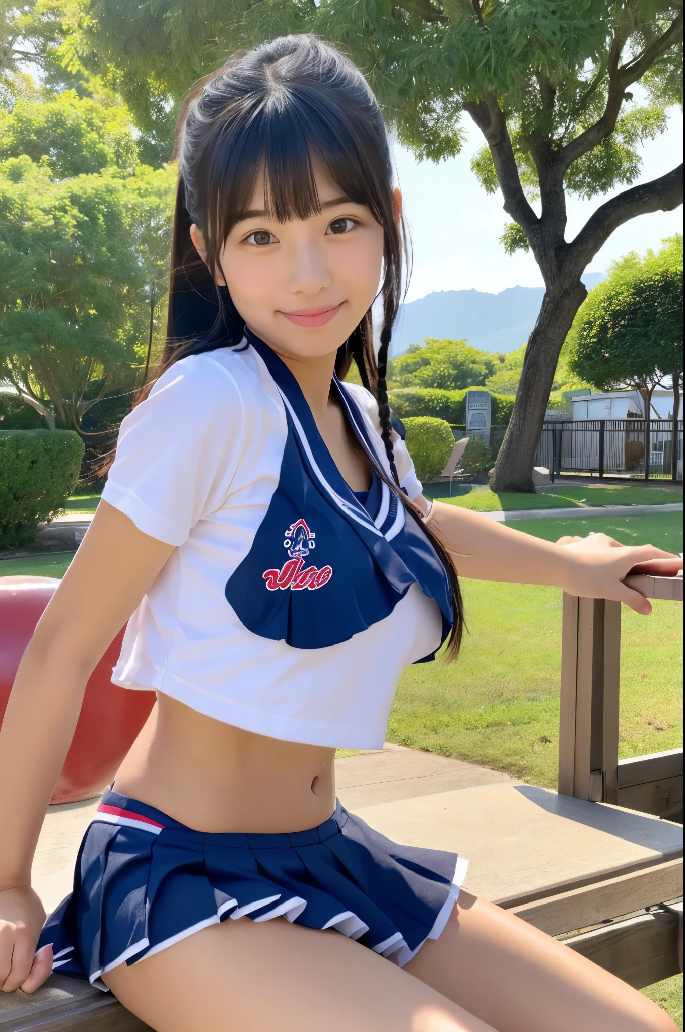アイドルのようにvery cute、Cute and adorable、のYoung faceに見える18歳の少女, Young face、very cute、Smiling Kindly、Cheerleader、The uniform is a bikini type.、Bust-visible design、Nipples are visible、Sitting on one's knees in the schoolyard、whole body像、whole body、 Natural light、Accurate、Anatomically correct、Textured skin、Super Detail、 Attention to detail、highest quality、High resolution、Real、realism、Raw photo、Genuine、masterpiece