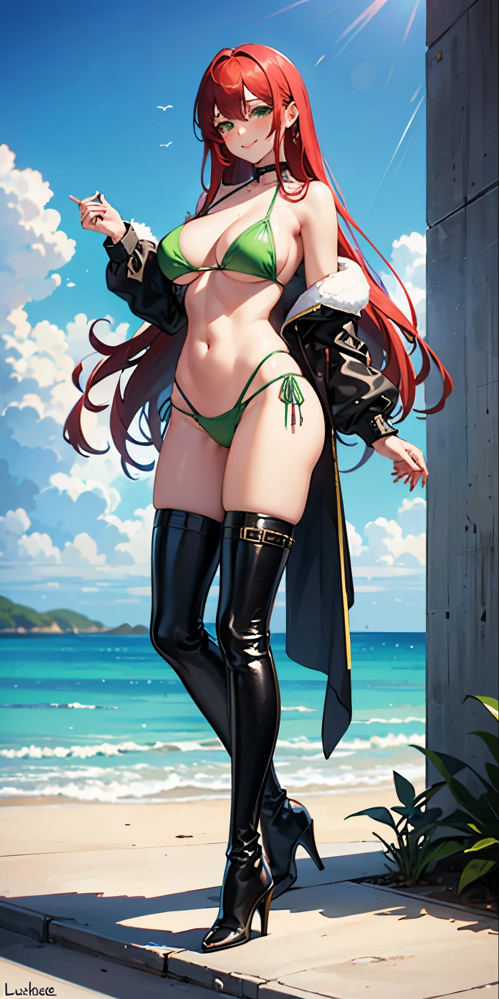 1 girl, solo, anatomically correct, long hair, red hair, straight hair, beautiful green eyes, smiling, lustful , erotic, sexy, wearing green bikini, revealing bikini, pink bikini, sexy bikini, green bikini, huge breasts, very large breasts, small waist, juicy thighs, high heel boots, black leather boots, high heel boots, public background, city setting, people in the background, full body picture