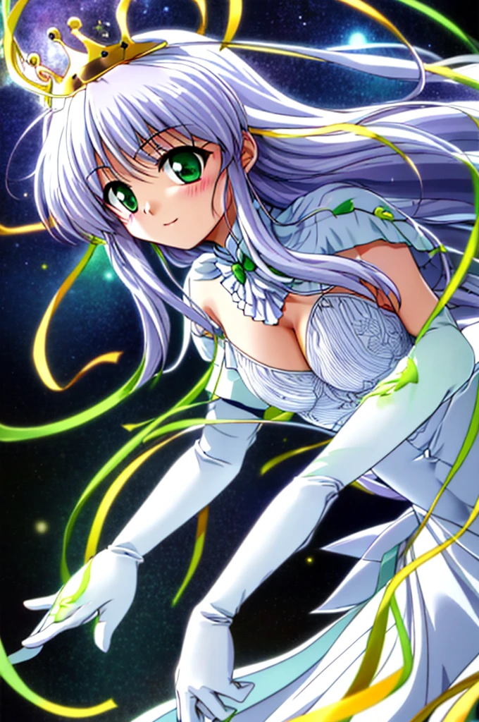 Tabletop, highest quality ,Are you okay'Anime Drawings, Crown, Green Eyes, Light purple hair, Long Hair, White bunny suit, White gloves, clear lines, Cleavage,Thighs Thighs Thighs Thighs