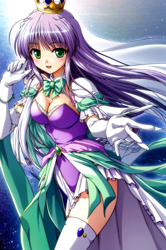 Tabletop, highest quality ,Are you okay'Anime Drawings, Crown, Green Eyes, Light purple hair, Long Hair, White bunny suit, White gloves, clear lines, Cleavage,Thighs Thighs Thighs Thighs