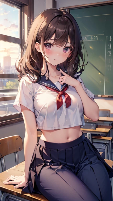 (highest quality、In 8K、32K、masterpiece、nffsw、Super high resolution、Impressionism、Photoreal:1.2)、big breasts、cowboy shot, detailed face and eyes、 inside the classroom、School、sunset、beautiful face、blurred background、16 year old beautiful girl、shiny skin、half up hair、beautiful brown hair、dull bangs eyes、(embarrassed look、anger:1.2)、sailor suit、bra wear、pleated mini skirt、curve、(Skirt up、I can see your pants:1.4)、thighs thighs thighs、physical education sitting、(Taking off your shirt、Bribri:1.4), (Beautiful breasts:0.9), fully naked