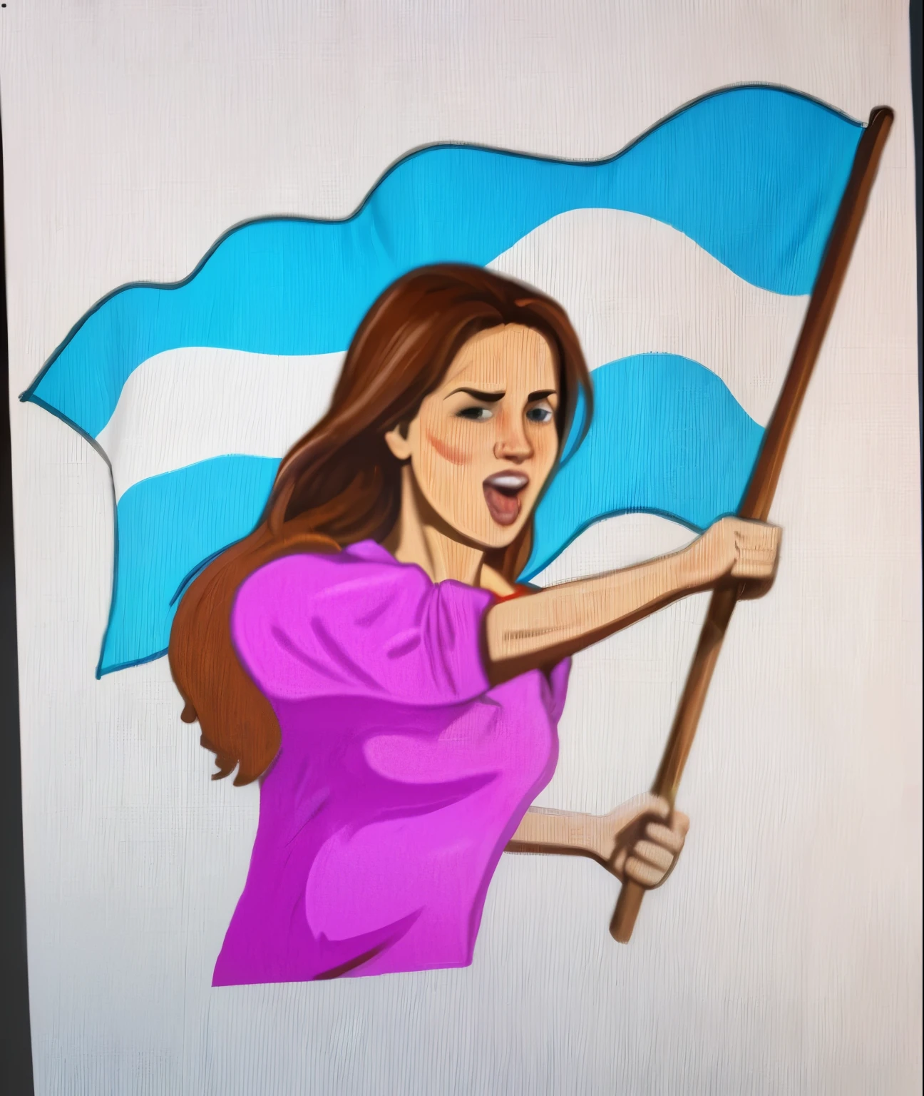 cartoon of a woman holding a flag with a surprised expression, digital art. argentina flag behind, by Gina Pellón,