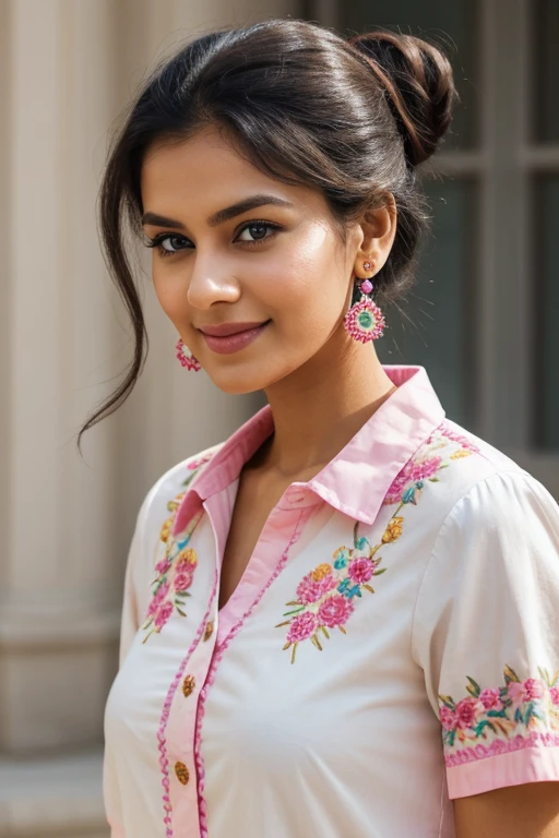 The image depicts a woman directly facing the camera with a gentle, contented expression. She has dark hair styled up in a messy bun, with loose strands framing her face. Her striking features include clear, light-toned skin and vivid blue eyes that stand out against the simplicity of the solid pink background. She wears large, round earrings and a vibrant pink shirt or dress with bold yellow floral embroidery, suggesting a sense of fashion that is both colorful and playful. The woman's slightly tilted head and subtle smile give the impression of approachable confidence and ease. Her ethnicity appears to be of South Asian or Middle Eastern descent, and the overall image conveys a sense of brightness and warmth due to the color scheme and the subject's inviting demeanor.