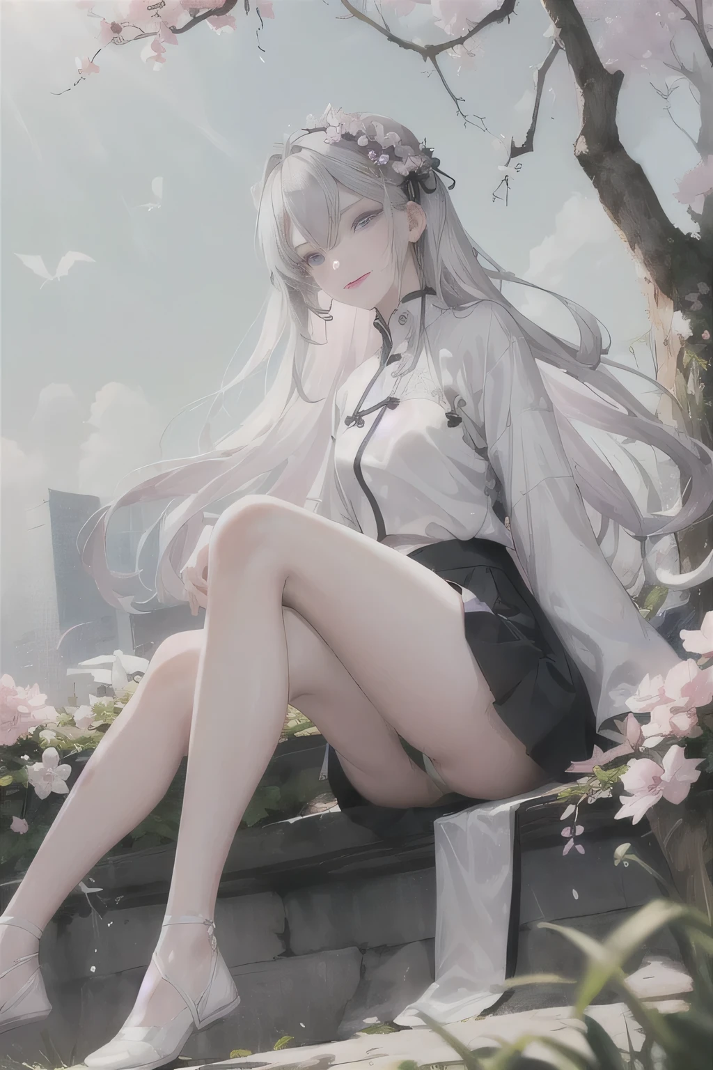 masterpiece, Excellent, daytime, outdoor, fallen flowers, branch, Chinese style, China, 1 girl, Perfect Woman, woman with long silver hair, grey-blue eyes, light pink lips, cold, Serious, boom, purple eyes, White clothes, black clothing series, delicate face, delicate face, Sitting Legs, Smile，short skirt，Nice butt，beautiful butt