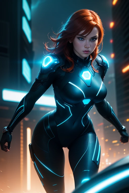 Tron legacy redhead,  large breasts, light cycle, blue and orange neon lights , dark lighting, dystopian setting, photorealistic, ultra high quality, depth of field, tron cityscspe, sfw