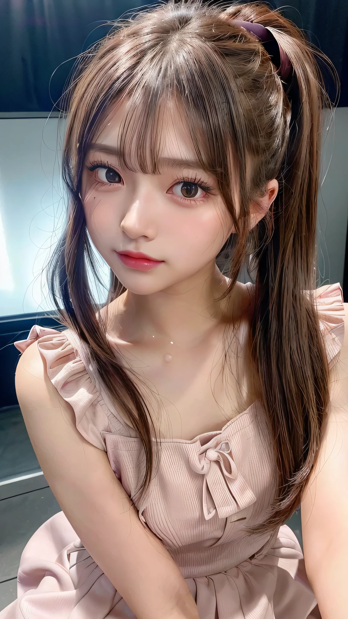 Close-up of face,Blushing,Facing forward,Close-up of face,Small breasts,,Long hair ponytail,concert,On stage,((8K, Raw photo, Best Quality, Mastepiece:1.2), (Realism, Photorealistic:1.4), (Highly detailed 8K wallpapers), Depth of written boundary, Cinematic Lighting, Soft Light, Detailed Beauty Eye,Shiny and smooth light brown ponytail, Asymmetrical bangs, Shiny skin, Ultra-detailed skins ,It is high resolution., High detail, Detailed hairstyle, Detailed facial beauty, Hyper-realistic, Perfect limbs, Perfect Anatomy ,1 Japanese girl,Famous Japanese Idols, Perfect female body,A shy smile,Short eyelashes,Double-edged eyelids,Look straight here,Hair style: ponytail、She is wearing a skirt with lots of frills,The pose is random,Pink frilly dress,Close-up of face