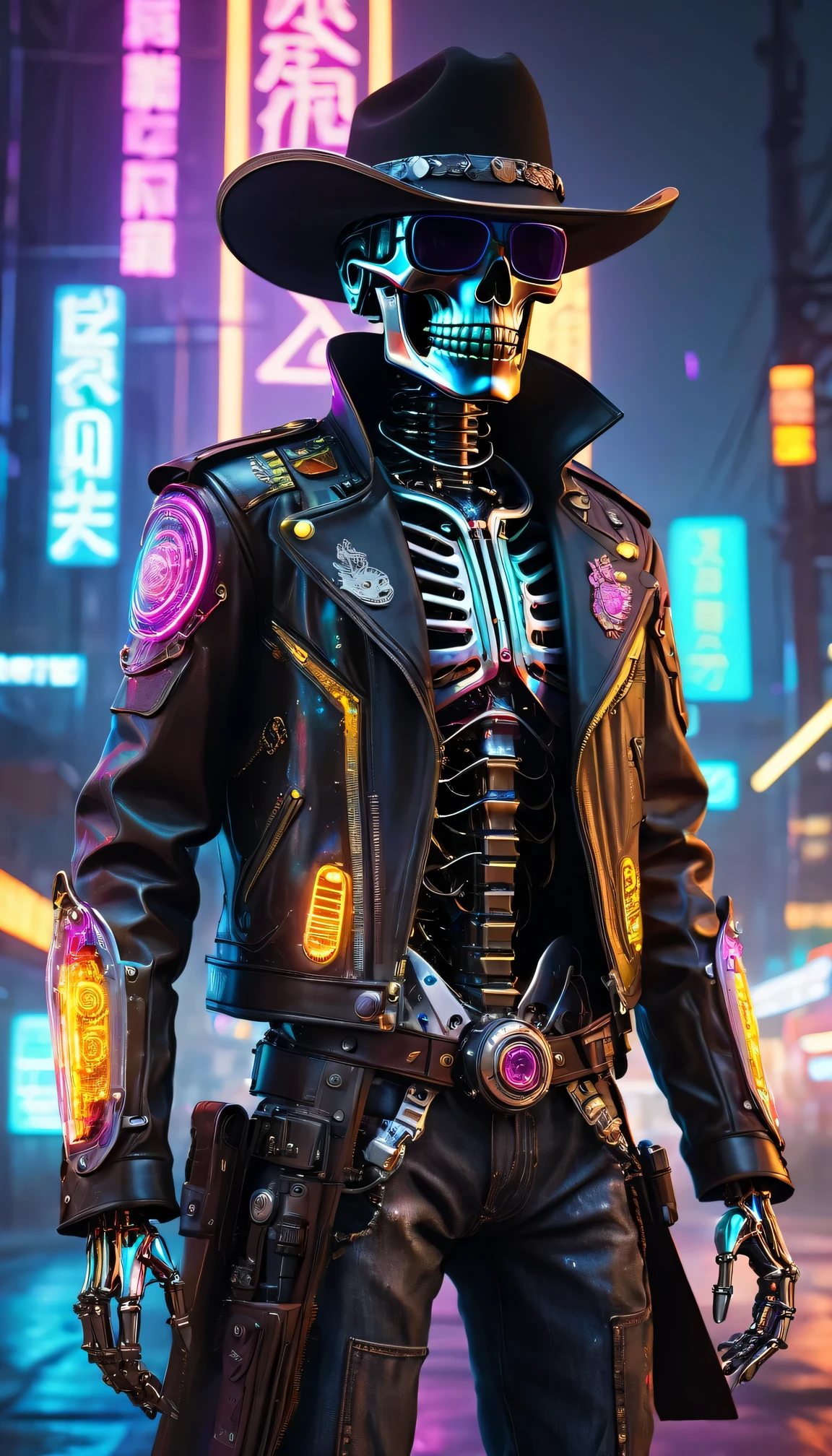 Skeleton Robot Sheriff,metalictexture,wearing a cowboy hat+cockade+neon light edge,Wearing a leather jacket,cowboy boots,retro futuristic style,One with cyberpunk-style mechanized body parts stands out. transparent skin reveals circuits and cables, eyes glow with colorful LEDs. The limbs are a mixture of flesh and metal, Featuring advanced prosthetic and cybernetic interfaces. nighttime scene,Vibrant colors,electric sparks,Dystopian cityscape,Network enhancement,Mixed reality。(Best quality,4K,8K,A high resolution,tmasterpiece:1.2),ultra - detailed,(actual,photoactual,photo-actual:1.37)