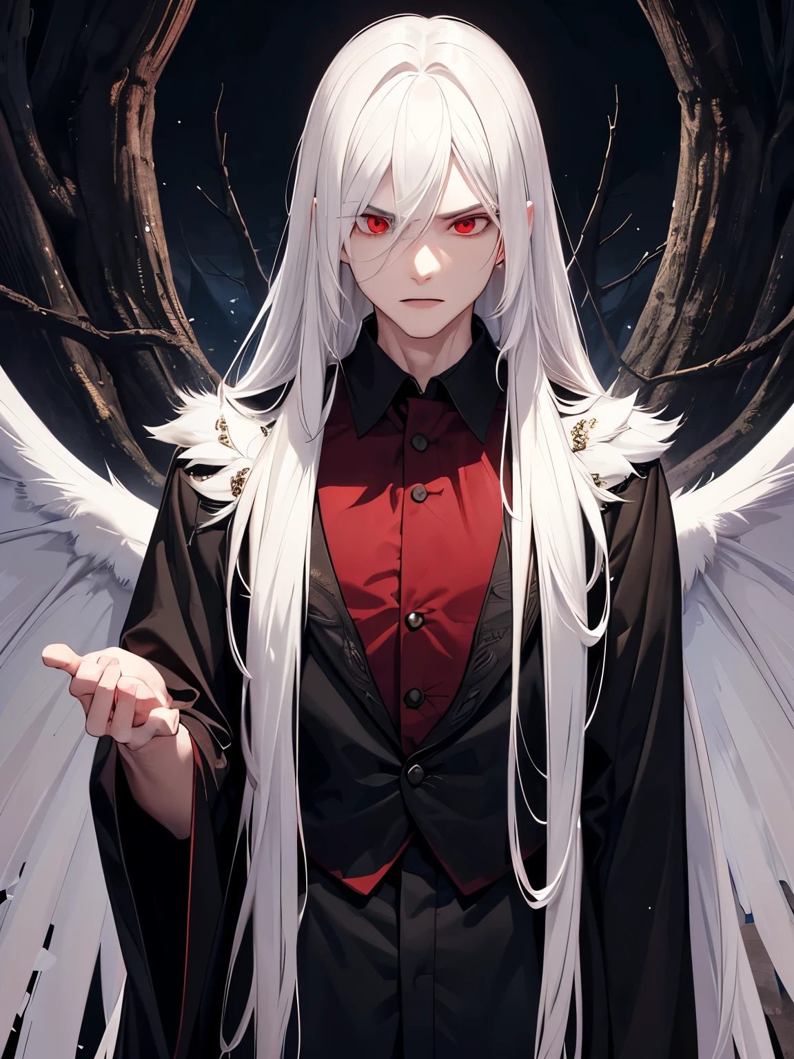 1 man,guy, 30 years old,Standing on the forest ,looking away,at night,Angry expression, teeth showing,vampire king, white hair, long hair, red eyes, black shirt, black pants, long robe, vampire teeth,white bat wings,ultra detail, perfect face, clear face, HD face,Ultra detailed face,close up photo