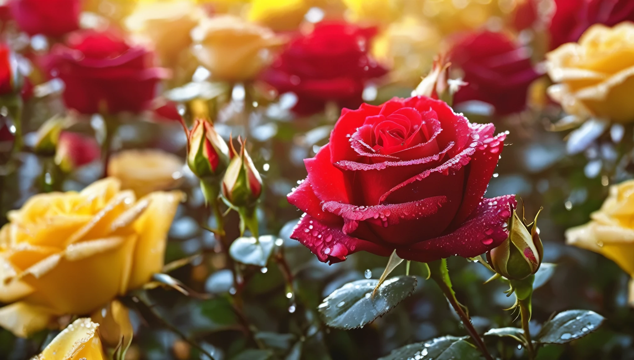 Many red and yellow rose flowers in the garden and sunlight with bokeh, dew drops on flower petals (masterpiece, ultra quality, high resolution, 8k, intricate: 1.2), (masterpiece), (best quality:1)