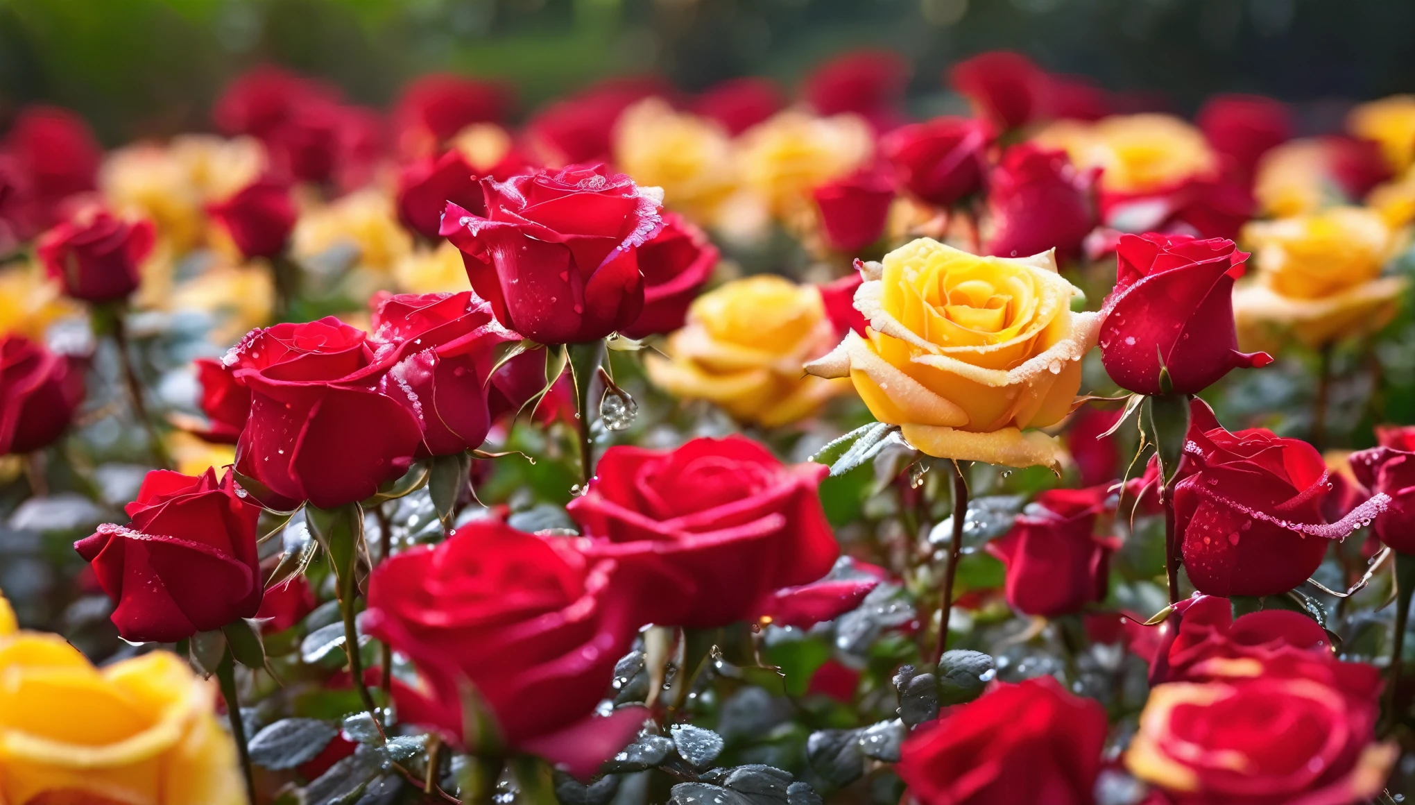 Many red and yellow rose flowers in the garden and sunlight with bokeh, dew drops on flower petals (masterpiece, ultra quality, high resolution, 8k, intricate: 1.2), (masterpiece), (best quality:1)
