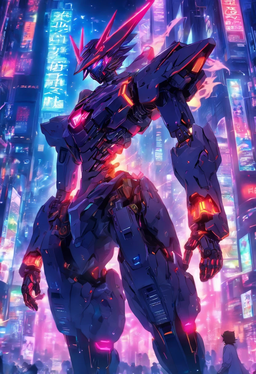 (masterpiece, best quality:1.1),
(8k, best quality, masterpiece, ultra highres, ultra-detailed:1.2),future technology,1guy,metl cowboy wearing cyberpunk-style mecha costume,mechanical exoskeleton,Shining pistol,dynamic poses,(glowing electronic screen),(Electronic information flow:1.3),Holographic projection,(Glowing electronic screen on arm:1.2),whole body,Multi-wire striations,Luminous text on thigh,(boy pose:1.2),Glowing electronic shoes,whole body,Colored smoke,City avenue,skyscraper,neon lights，