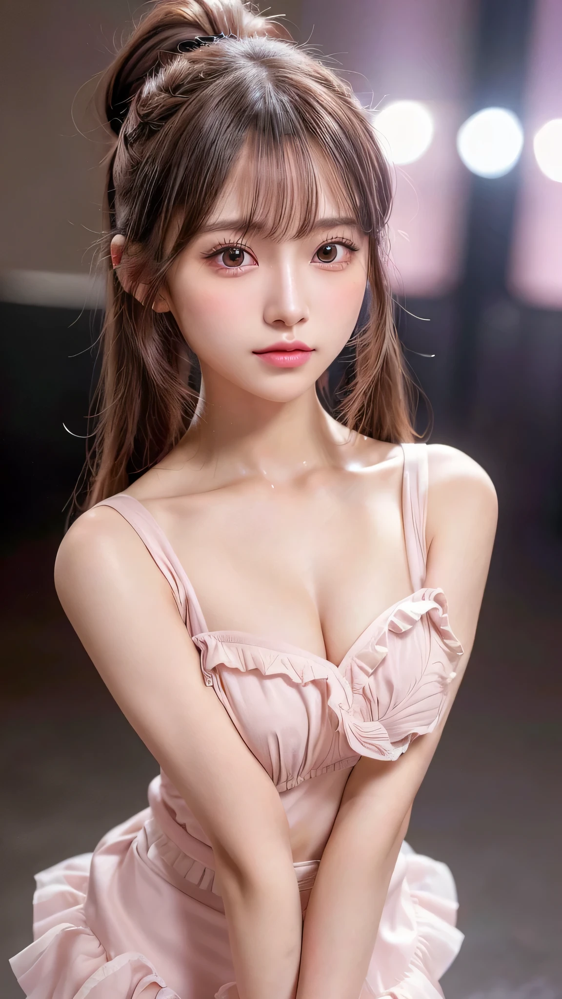 Close-up of face,Blushing,Facing forward,Close-up of face,Small breasts,,Long hair ponytail,concert,On stage,((8K, Raw photo, Best Quality, Mastepiece:1.2), (Realism, Photorealistic:1.4), (Highly detailed 8K wallpapers), Depth of written boundary, Cinematic Lighting, Soft Light, Detailed Beauty Eye,Shiny and smooth light brown ponytail, Asymmetrical bangs, Shiny skin, Ultra-detailed skins ,It is high resolution., High detail, Detailed hairstyle, Detailed facial beauty, Hyper-realistic, Perfect limbs, Perfect Anatomy ,1 Japanese girl,Famous Japanese Idols, Perfect female body,A shy smile,Short eyelashes,Double-edged eyelids,Look straight here,Hair style: ponytail、She is wearing a skirt with lots of frills,The pose is random,Pink frilly dress,Close-up of face