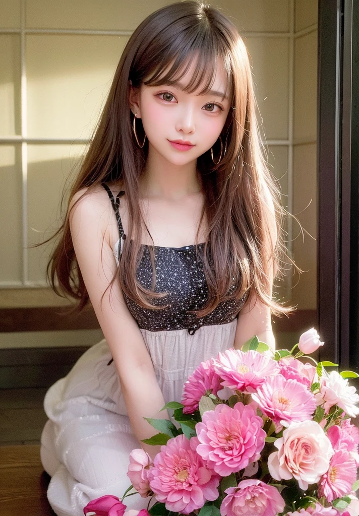 Photorealism、highest quality、超A high resolution、女性たちの美しくbeautiful写真、Extraordinary beauty、Perfect body、Biologically accurate、Shiny highlights on the cheeks、可愛くてbeautiful顔の詳細、holding a bouquet of carnations、beautiful bangs、Glowing white skin、Bangs between the eyes、艶のあるbeautiful髪、Semi-long hair、High resolution eyes、beautiful, Bright and clear, Big eyes sparkle charmingly、eyeliner、double eyelid、Seen all over the body、it was fun、blush、Embarrassing、 Small shiny necklace and earrings, Glossy lips: 1.4,  Open、happiness、Glad、（it was funです:1.8）Intricately ruffled dress、Intricately frilled blouse、long dress with frills、Pink Carnation、cute、stockings、A clean and pure woman,22 years old, Wavy Hair, Diagonal bangs, blonde、Brown Hair、Medium Hair, Brown eyes、Dining room at home、Pink Carnation