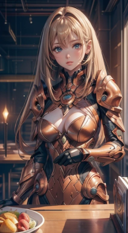 Dynamic fighting stance,1 Girl,(Ultra-delicate skin),curve,,Beautiful breasts,Large Breasts,Pale skin,Pointed chest,stand erect,(Fantasy Art,Highest image quality,Surreal主义肖像,(8k),Surreal,best quality, high quality, HD, high quality texture,High Detail,Beautiful and detailed,fine,Extremely detailed CG,Detailed texture,True representation of the face,On the table,present,Dynamic,bold),Bob Hairstyle,(Very thin hair),(Super soft hair),(super straight hair:1.5),Sweep long bangs,Super Shiny Copper Amber Hair,Hair covering one eye