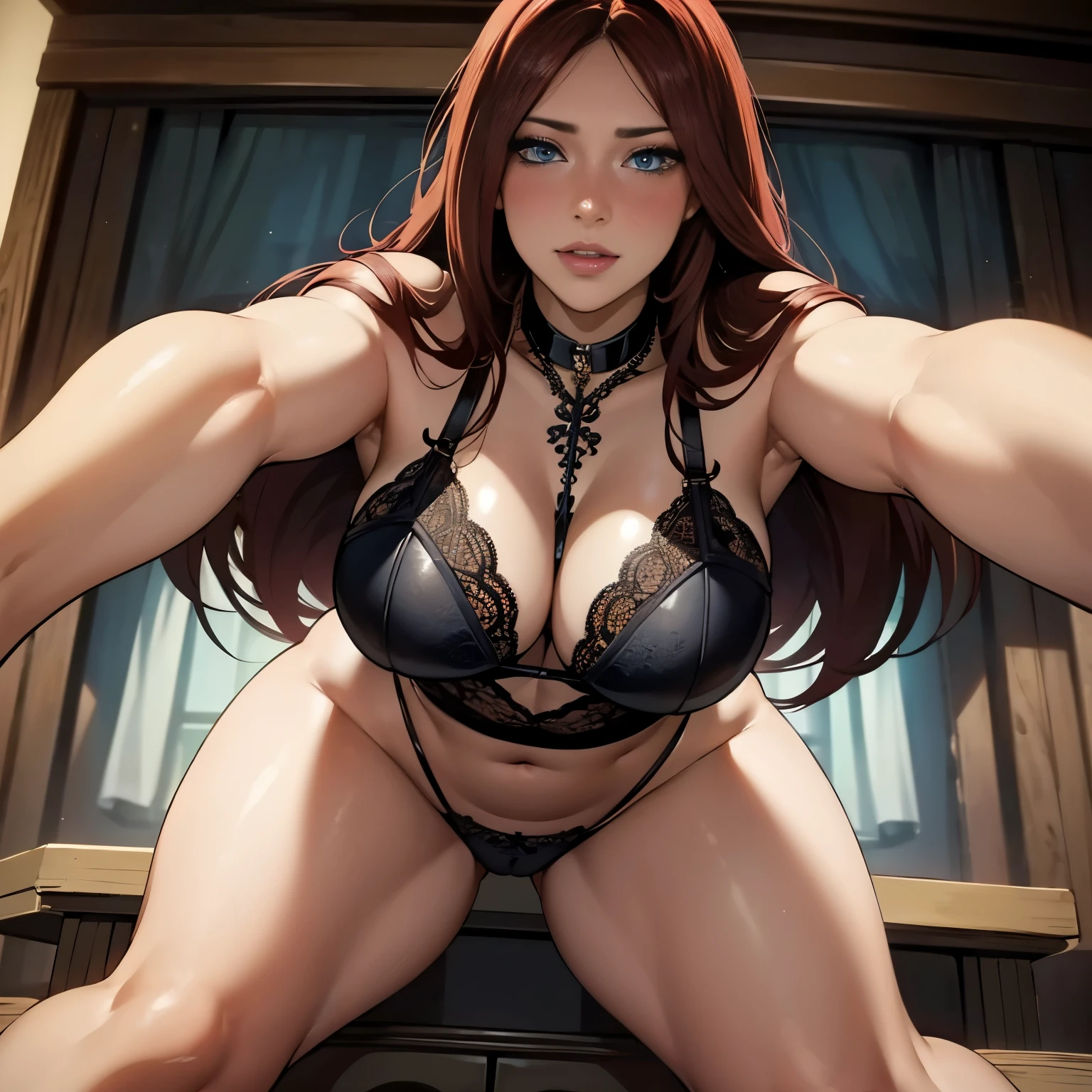 Kushina, prostitute, best quality: 1.1, 1 girl, (blue eyes), detailed blue eyes, well-aligned eyes, extremely detailed face, blushing cheeks, perfect face symmetry, smiling, embarrassed, (black latex lingerie), BREAK intricate details on hands, intricate details on fingers, (very huge) breasts, crimson hair, detailed hair, long hair, defined figure, thick muscular legs, small defined waist, (very voluptuous body), (very muscular body), lascivious woman, nymphomaniac woman, dynamic pose, Interacting, (whole body perspective)