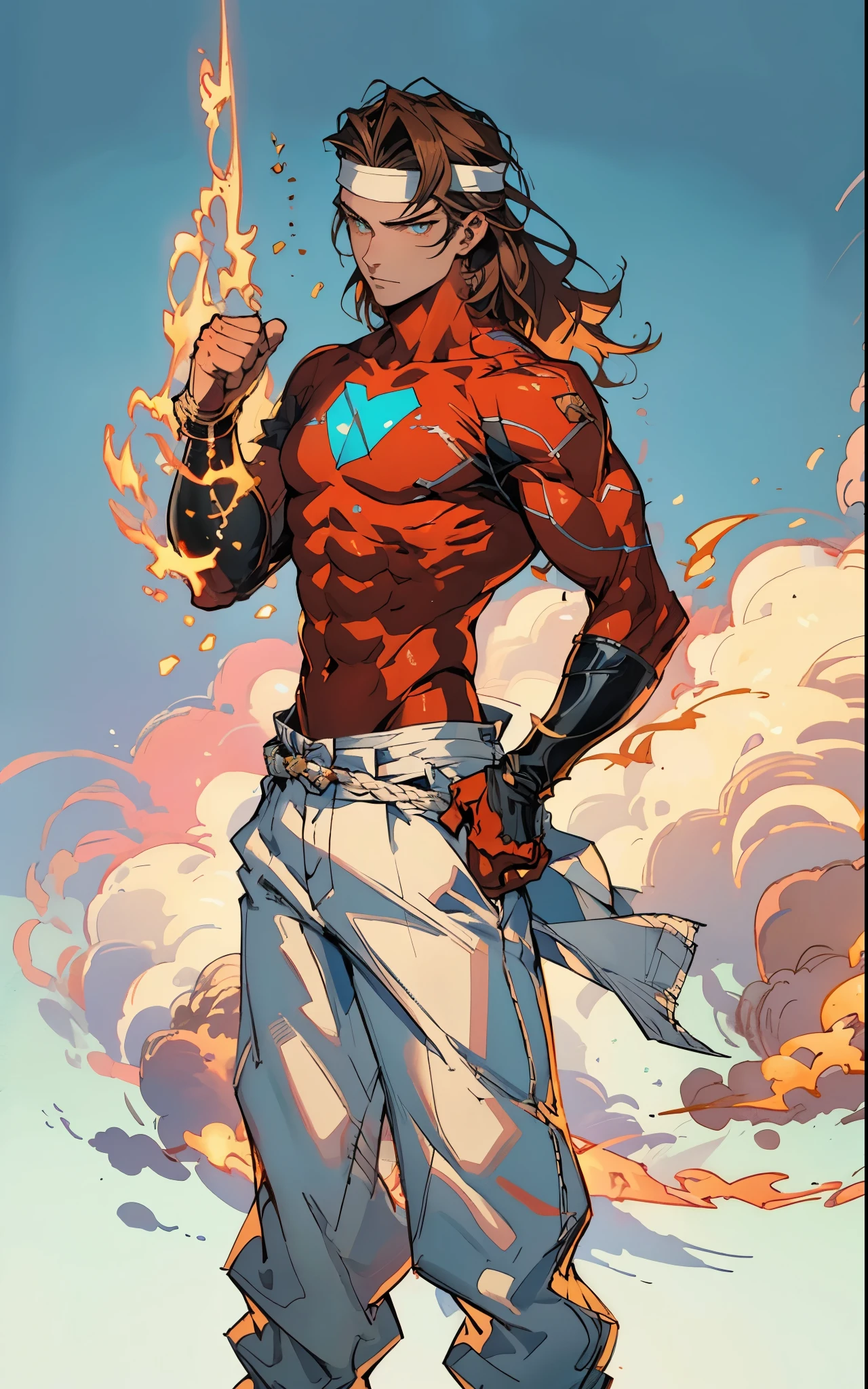 A young man with thick chestnut-brown long hair, a red headband adorned his forehead, devoid of eyebrows, triangular eyes, a square face, proud expression, robust and muscular physique, a fantasy-style tight-fitting open-chest vest, gloves, a ragged cloth tied around his waist, white utility trousers, his raised right fist surrounded by crimson flames, stands amidst boundless wilderness, this character embodies a finely crafted fantasy-style rogue in anime style, exquisite and mature manga art style, high definition, best quality, highres, ultra-detailed, ultra-fine painting, extremely delicate, professional, perfect body proportions, golden ratio, anatomically correct, symmetrical face, extremely detailed eyes and face, high quality eyes, creativity, RAW photo, UHD, 32k, Natural light, cinematic lighting, masterpiece-anatomy-perfect, masterpiece:1.5