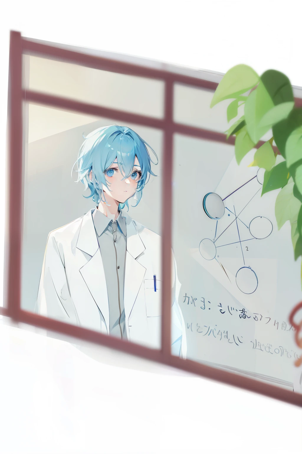 there is a drawing of a man In the lab coat looking out a window, 2d anime, 2d anime style, High School Background, He is in the alchemy laboratory, stood In the lab, In the anime painter studio, Two-dimensional art, Second Art, Animation keyframes, Laboratory Background, In the lab, Typical animation classroom, Laboratory in the background