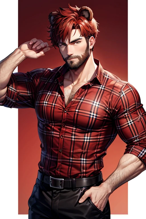 Lumberjack-looking boy, beardless, muscular build, slim red and black plaid shirt, bear ears, reddish brown hair, brown comor pants, black leather belt 