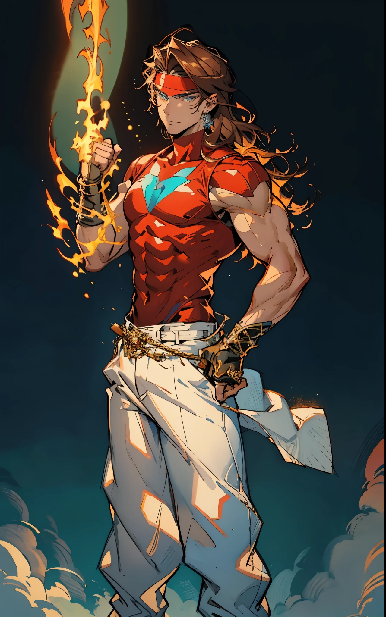 A young man with thick chestnut-brown long hair, a red headband adorned his forehead, devoid of eyebrows, triangular eyes, a square face, proud expression, robust and muscular physique, a fantasy-style tight-fitting open-chest vest, gloves, a ragged cloth tied around his waist, white utility trousers, his raised right fist surrounded by crimson flames, stands amidst boundless wilderness, this character embodies a finely crafted fantasy-style rogue in anime style, exquisite and mature manga art style, high definition, best quality, highres, ultra-detailed, ultra-fine painting, extremely delicate, professional, perfect body proportions, golden ratio, anatomically correct, symmetrical face, extremely detailed eyes and face, high quality eyes, creativity, RAW photo, UHD, 32k, Natural light, cinematic lighting, masterpiece-anatomy-perfect, masterpiece:1.5